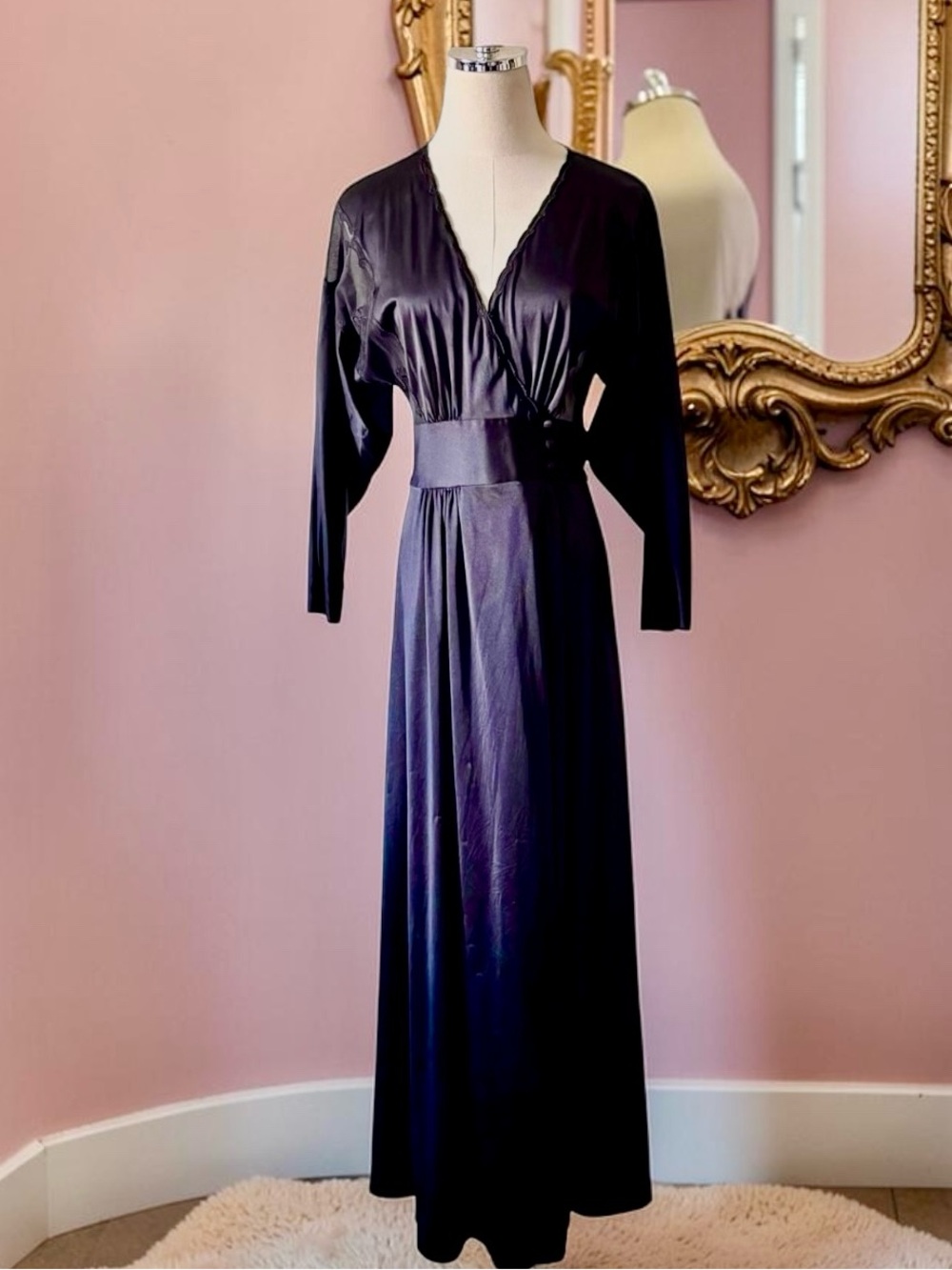 Vintage Black Dressing Gown Robe Kimono Length Old Hollywood XS